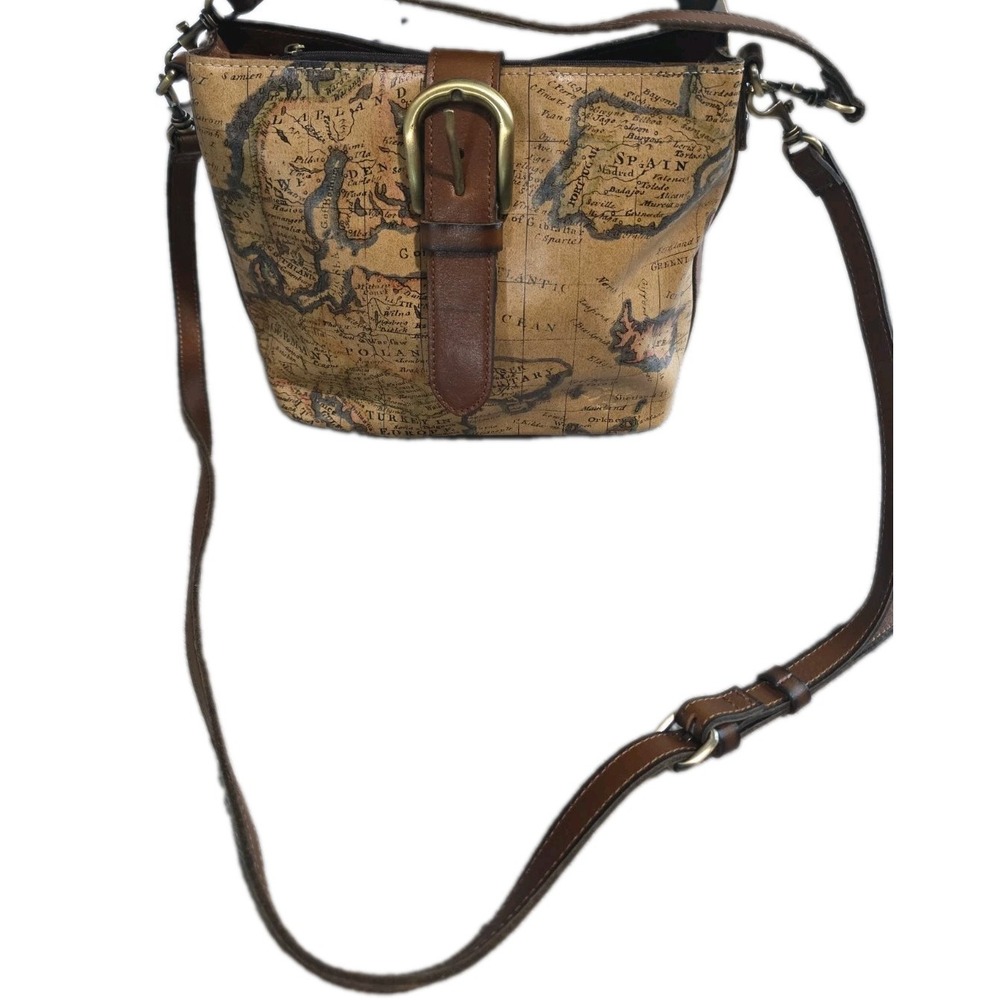 Patricia Nash Leather IRVING Buckle Crossbody Satchel Shoulder Bag European Map